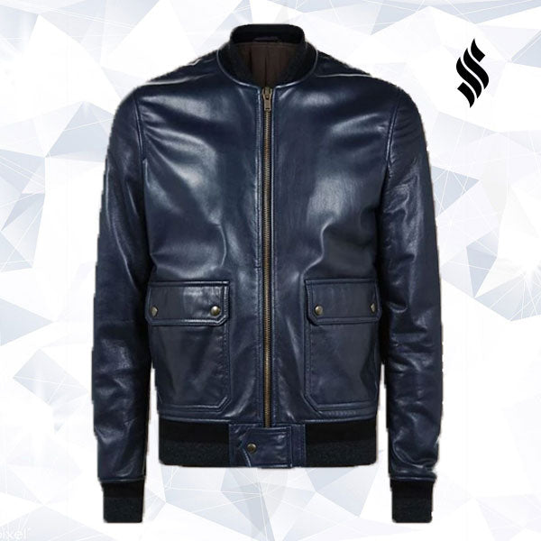 Men Navy Blue Bomber Jacket - Shearling leather