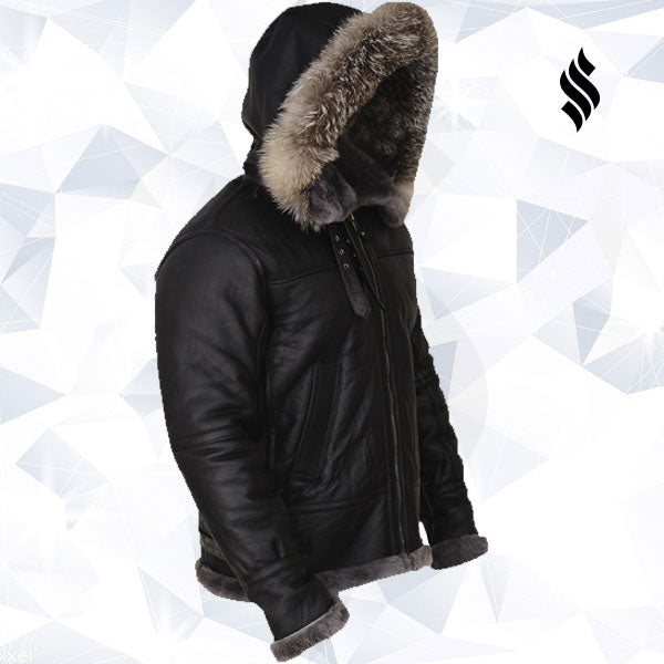 Men Black Shearling Jacket With Hoodie - Shearling leather