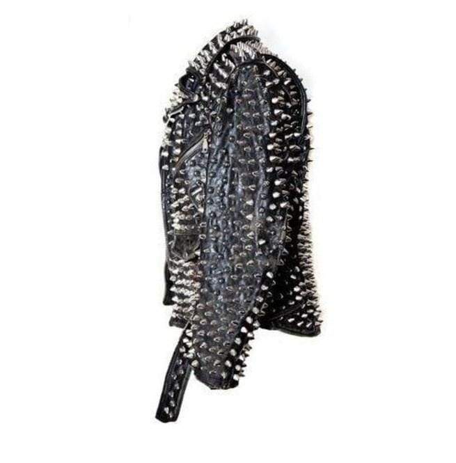 Men's Silver Studded Custom Patches Long Spike Brando Belted Rocker Black Jacket - Shearling leather