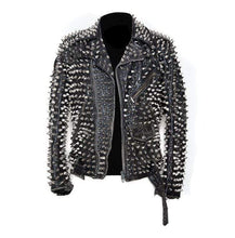 Load image into Gallery viewer, Men&#39;s Silver Studded Custom Patches Long Spike Brando Belted Rocker Black Jacket - Shearling leather
