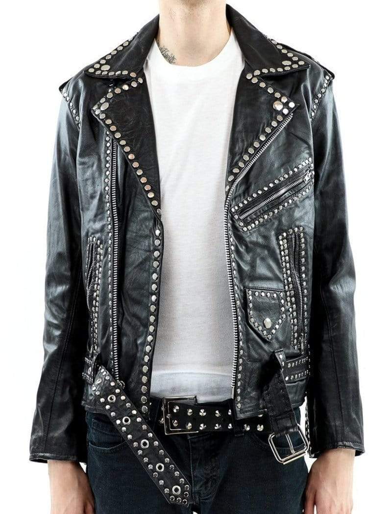 Men Silver Studded Jacket Black Punk Silver Spiked Leather Belted Biker Jacket - Shearling leather
