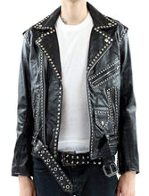 Load image into Gallery viewer, Men Silver Studded Jacket Black Punk Silver Spiked Leather Belted Biker Jacket - Shearling leather
