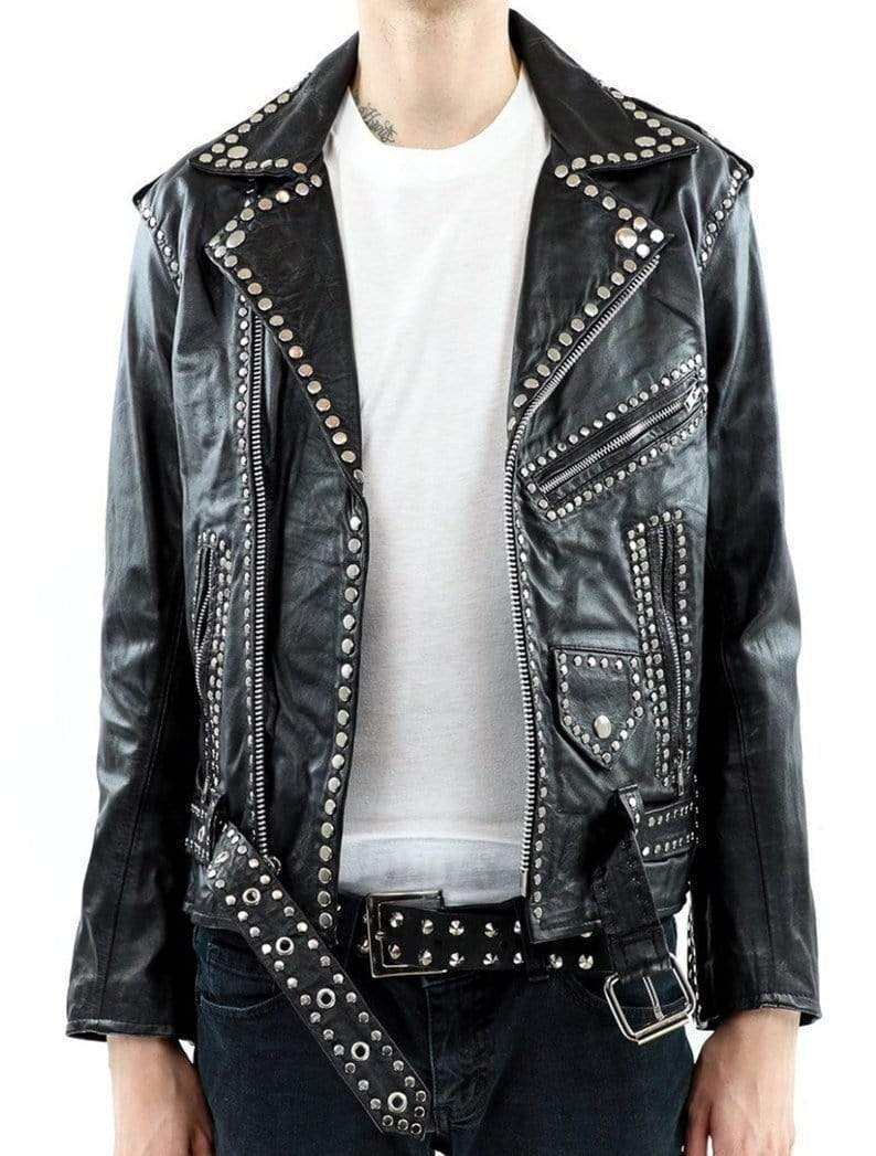Men Silver Studded Jacket Black Punk Silver Spiked Leather Belted Biker Jacket - Shearling leather