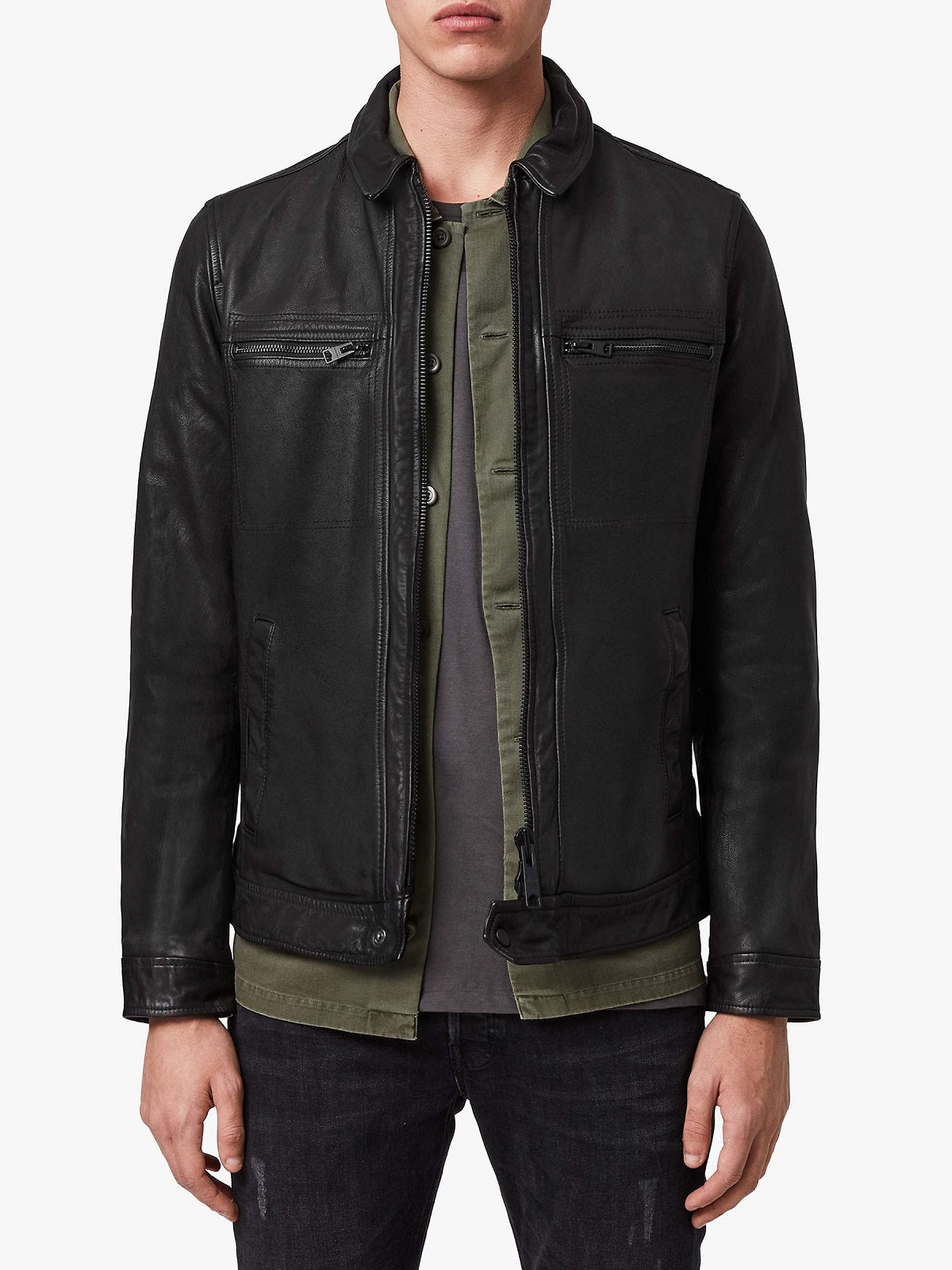 Men Solid Black Leather Jacket - Shearling leather