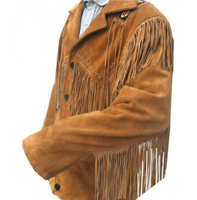 Men's Tan Suede Leather Jacket, Cowboy Jacket - Shearling leather