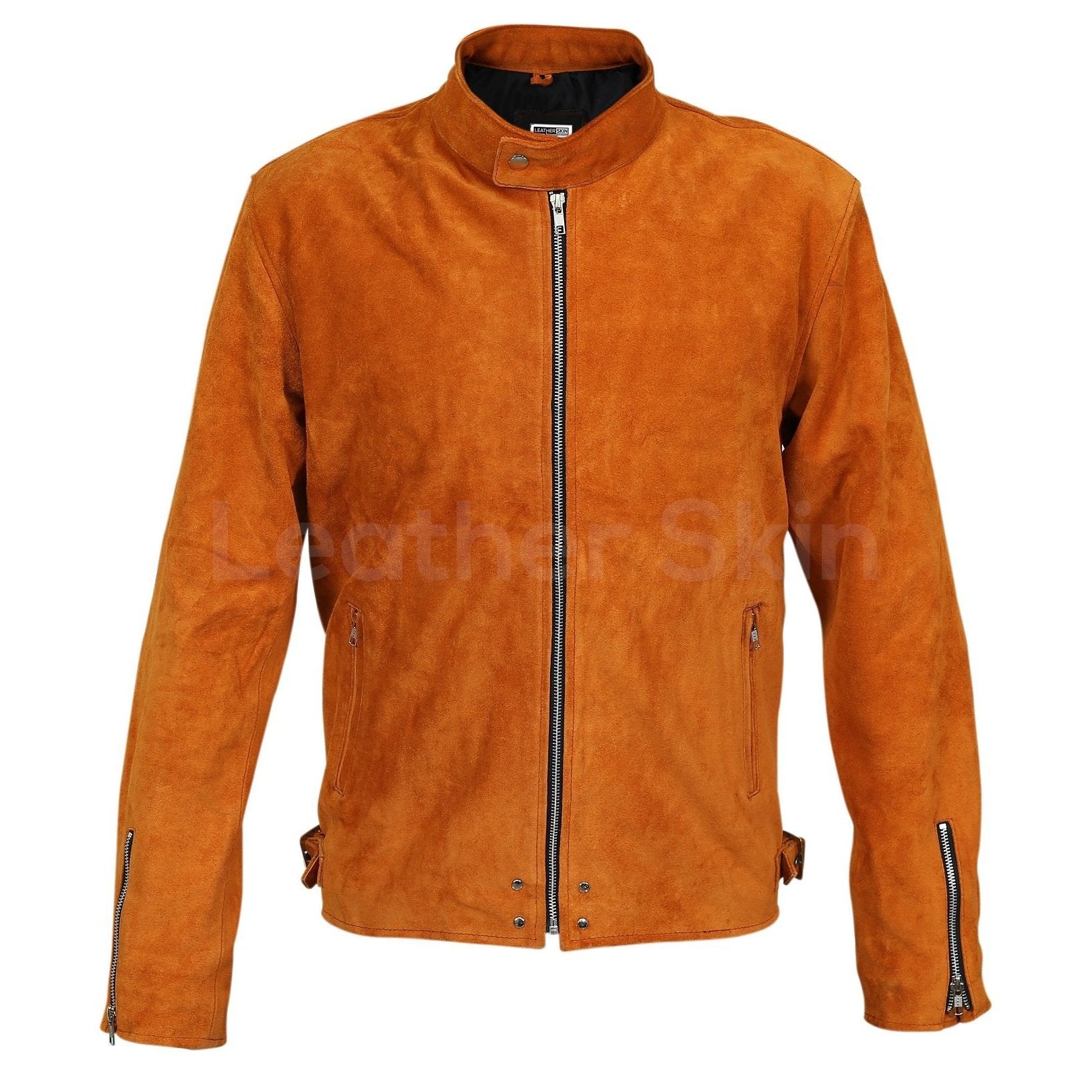 Men Tan Suede Leather Jacket with silver zippers - Shearling leather