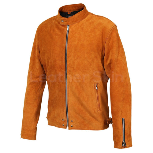 Men Tan Suede Leather Jacket with silver zippers - Shearling leather