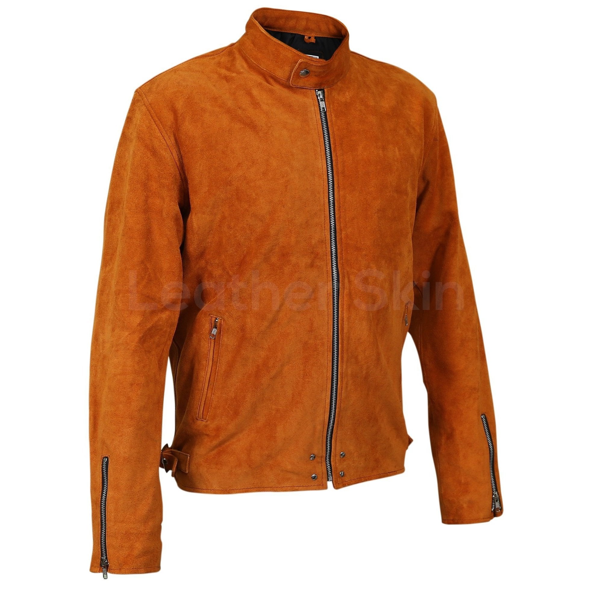 Men Tan Suede Leather Jacket with silver zippers - Shearling leather