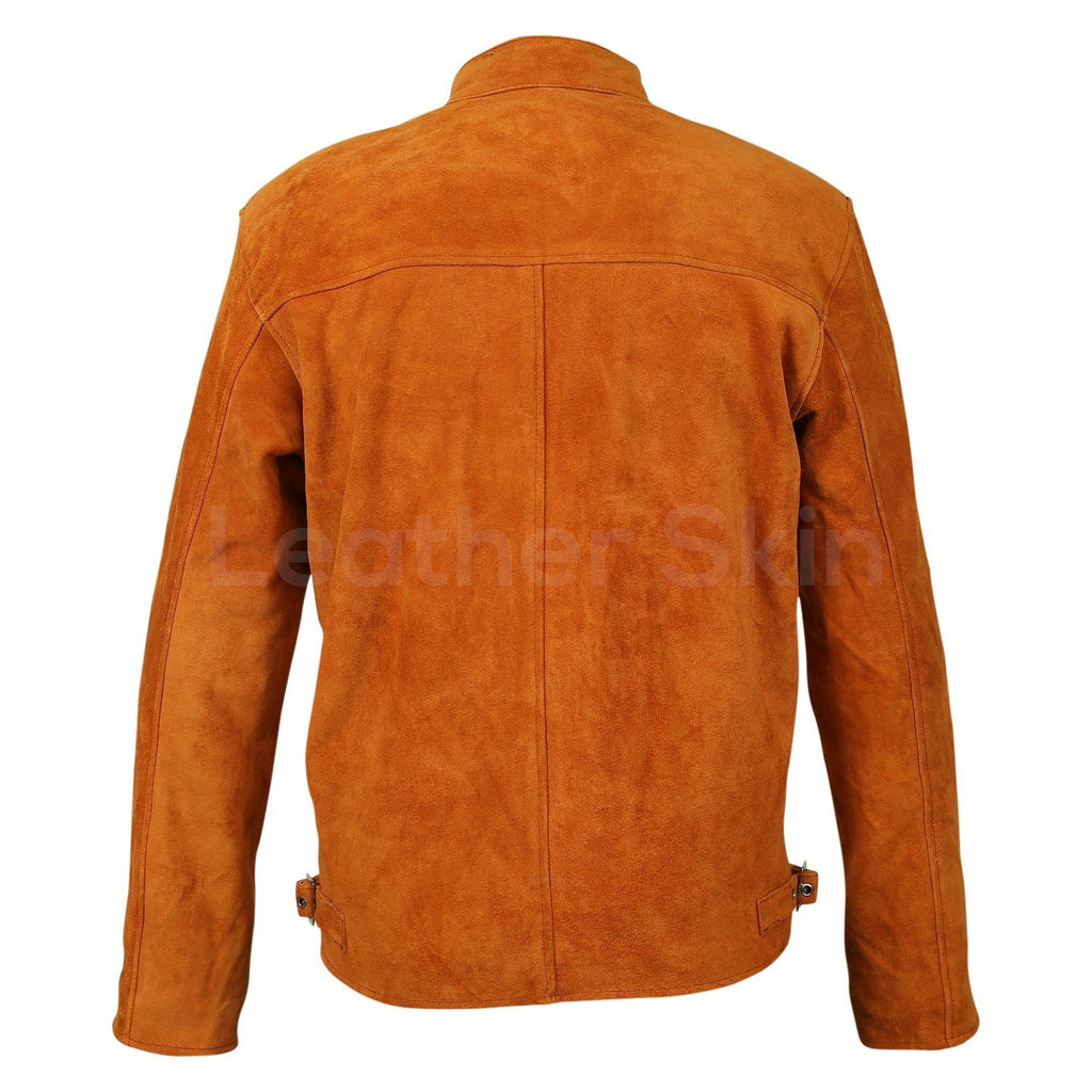 Men Tan Suede Leather Jacket with silver zippers - Shearling leather