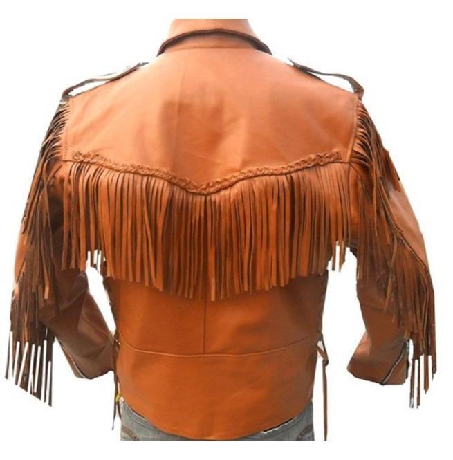 Men Tan Western Style Leather Jacket ,Cowboy Cowhide Leather Fringe Jacket - Shearling leather