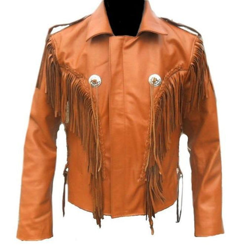 Men Tan Western Style Leather Jacket ,Cowboy Cowhide Leather Fringe Jacket - Shearling leather