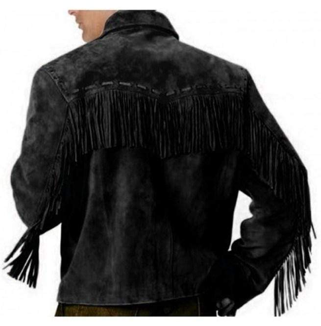 Men's Western Black Suede Jacket Wear Fringes Beads, Suede Cowboy Jacket - Shearling leather