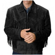 Load image into Gallery viewer, Men&#39;s Western Black Suede Jacket Wear Fringes Beads, Suede Cowboy Jacket - Shearling leather
