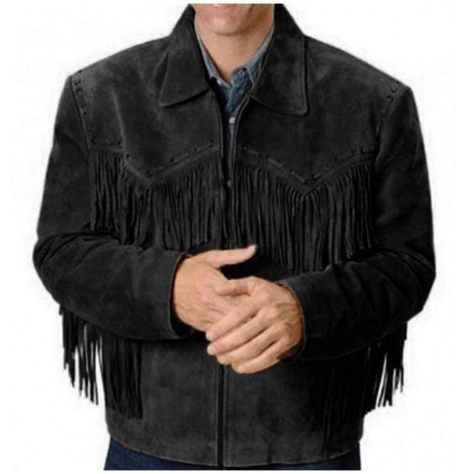 Men's Western Black Suede Jacket Wear Fringes Beads, Suede Cowboy Jacket - Shearling leather