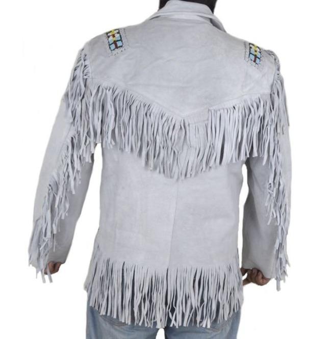 Men's Western Cowboy Real Leather Jacket, Handmade White Leather Jacket With Fringes - Shearling leather