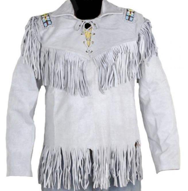 Men's Western Cowboy Real Leather Jacket, Handmade White Leather Jacket With Fringes - Shearling leather