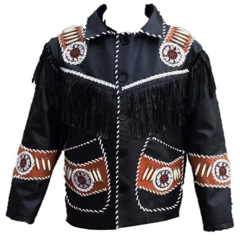 Men's Western Leather Jacket, Handmade Black Leather jacket - Shearling leather