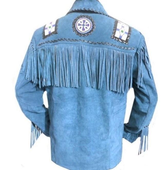 Men's Western Suede Jacket, Blue Cowboy Fringe Suede Jacket - Shearling leather