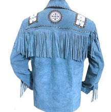 Load image into Gallery viewer, Men&#39;s Western Suede Jacket, Blue Cowboy Fringe Suede Jacket - Shearling leather
