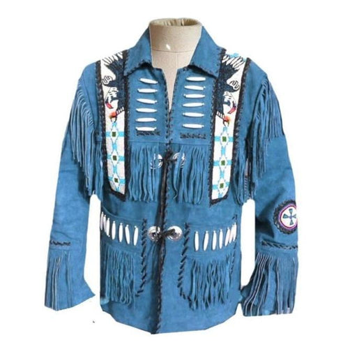 Men's Western Suede Jacket, Blue Cowboy Fringe Suede Jacket - Shearling leather