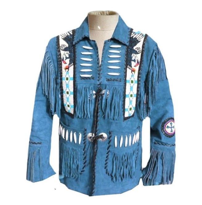 Men's Western Suede Jacket, Blue Cowboy Fringe Suede Jacket - Shearling leather