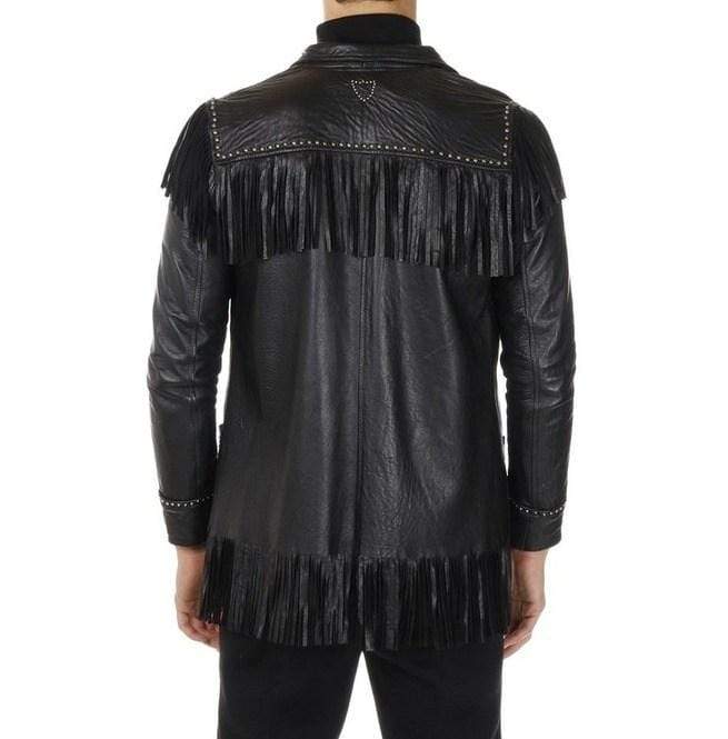 Men's Western Leather Jacket Wear Fringes Beads Native American Cowboy Black Coat - Shearling leather