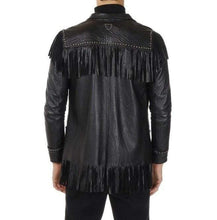 Load image into Gallery viewer, Men&#39;s Western Leather Jacket Wear Fringes Beads Native American Cowboy Black Coat - Shearling leather
