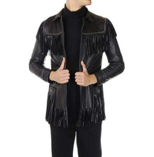 Load image into Gallery viewer, Men&#39;s Western Leather Jacket Wear Fringes Beads Native American Cowboy Black Coat - Shearling leather
