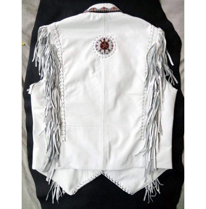Western Leather Jacket, Handmade White Cowboy Fringe Leather Jacket - Shearling leather