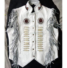 Load image into Gallery viewer, Western Leather Jacket, Handmade White Cowboy Fringe Leather Jacket - Shearling leather

