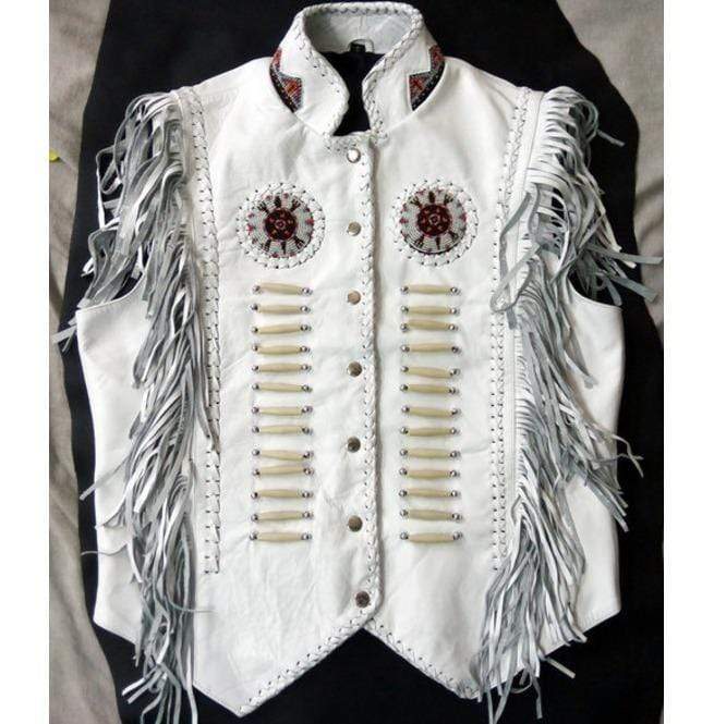 Western Leather Jacket, Handmade White Cowboy Fringe Leather Jacket - Shearling leather