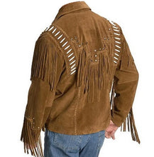 Load image into Gallery viewer, Men&#39;s Western Suede Jacket, Brown Fringe Cowboy Jacket - Shearling leather
