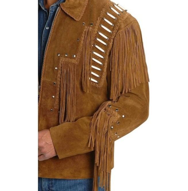 Men's Western Suede Jacket, Brown Fringe Cowboy Jacket - Shearling leather