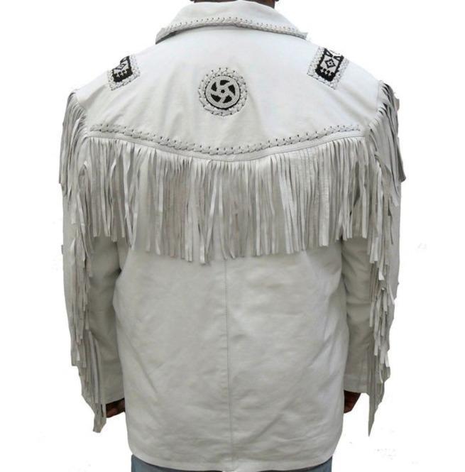 Men's Western Leather Jacket, Handmade Cowboy White Fringe Jacket - Shearling leather