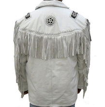 Load image into Gallery viewer, Men&#39;s Western Leather Jacket, Handmade Cowboy White Fringe Jacket - Shearling leather
