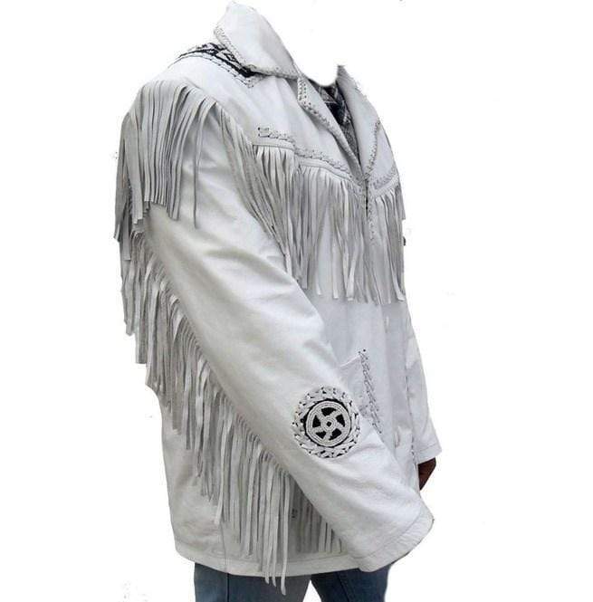 Men's Western Leather Jacket, Handmade Cowboy White Fringe Jacket - Shearling leather