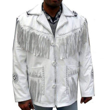 Load image into Gallery viewer, Men&#39;s Western Leather Jacket, Handmade Cowboy White Fringe Jacket - Shearling leather
