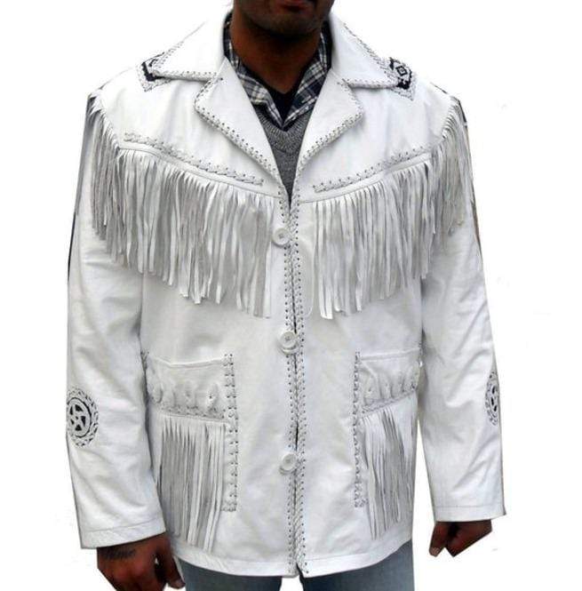 Men's Western Leather Jacket, Handmade Cowboy White Fringe Jacket - Shearling leather