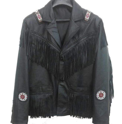 Western Leather Jacket, Black Cowboy Leather Fringe Jacket - Shearling leather