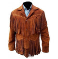 Men's Western Suede Jacket, Tan Color Cowboy Suede Fringe Jacket - Shearling leather