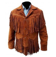 Load image into Gallery viewer, Men&#39;s Western Suede Jacket, Tan Color Cowboy Suede Fringe Jacket - Shearling leather
