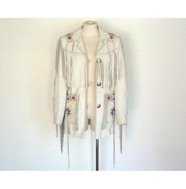 White Cowboy Genuine Leather Jacket, Cowboy Leather Jacket With Fringes - Shearling leather