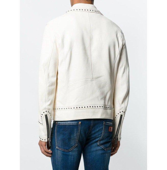 White Studded Leather Jacket Motorcycle Fashion Leather Jacket - Shearling leather