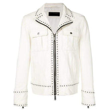 Load image into Gallery viewer, White Studded Leather Jacket Motorcycle Fashion Leather Jacket - Shearling leather
