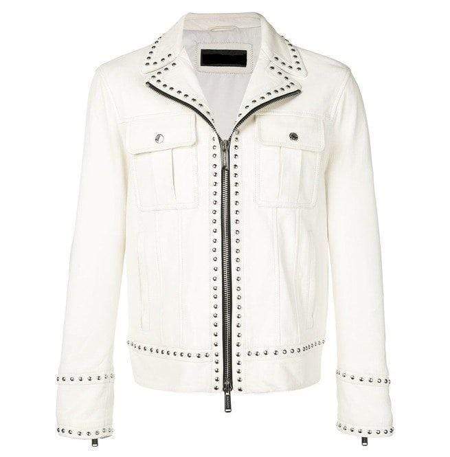 White Studded Leather Jacket Motorcycle Fashion Leather Jacket - Shearling leather