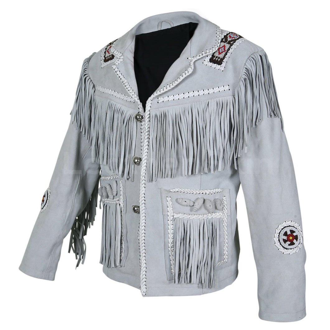 Men White Western Style Fringes Cowboy Suede Leather Jacket - Shearling leather