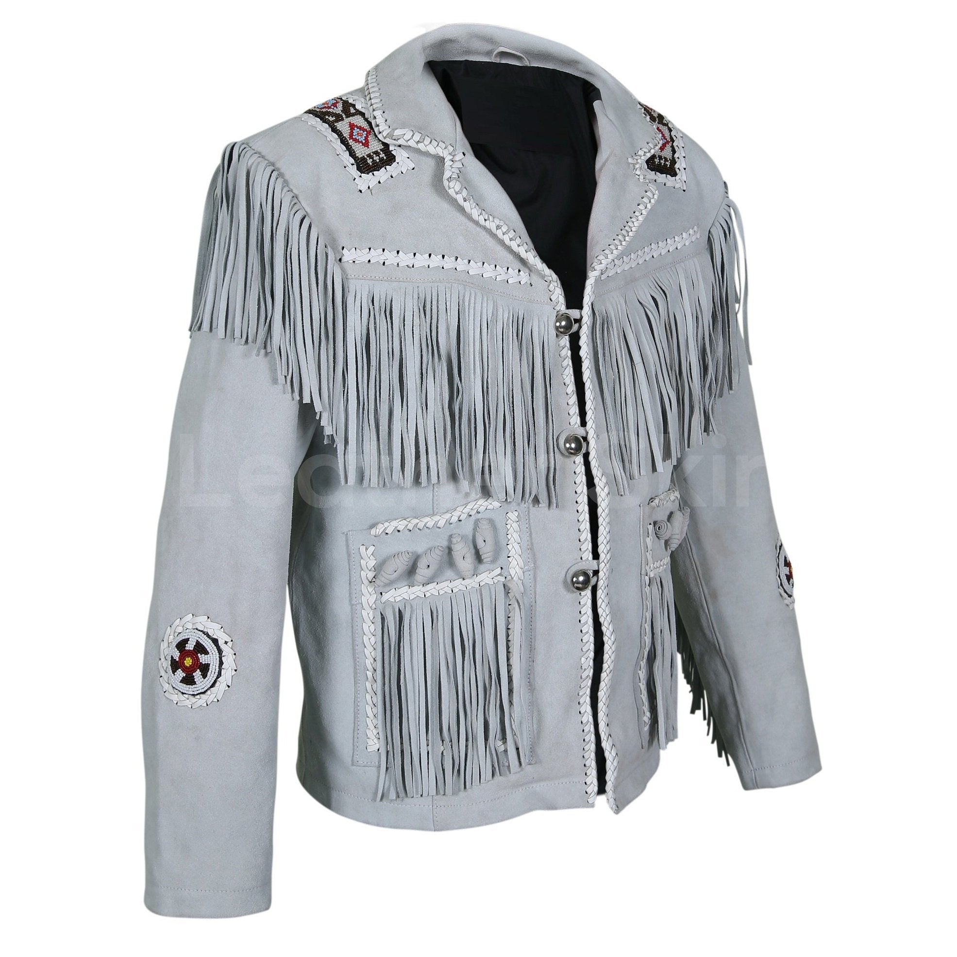 Men White Western Style Fringes Cowboy Suede Leather Jacket - Shearling leather