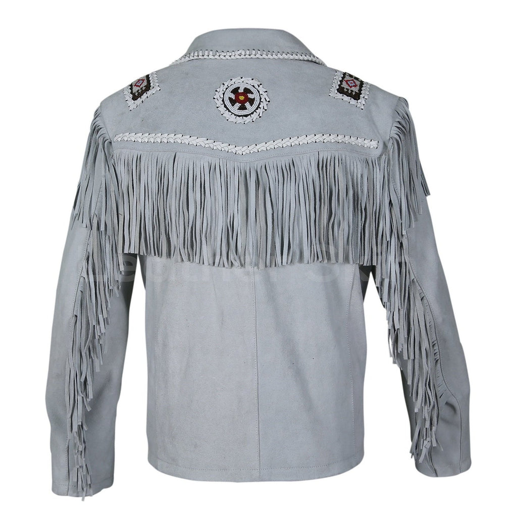 Men White Western Style Fringes Cowboy Suede Leather Jacket - Shearling leather