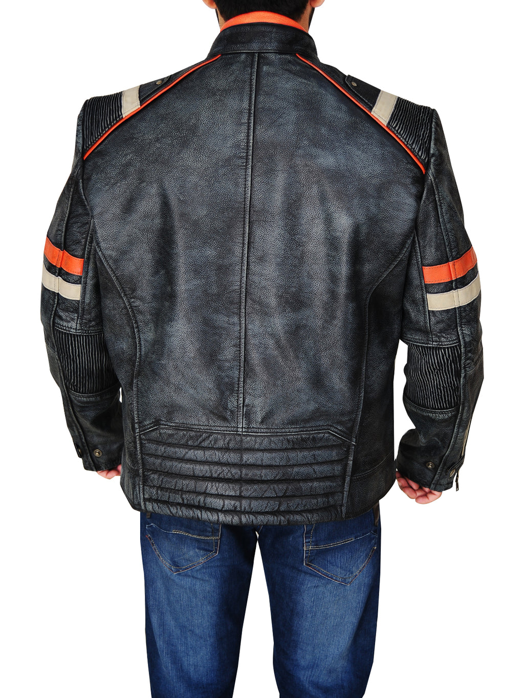 Men Distressed Black Cafe Racer Jacket - Shearling leather