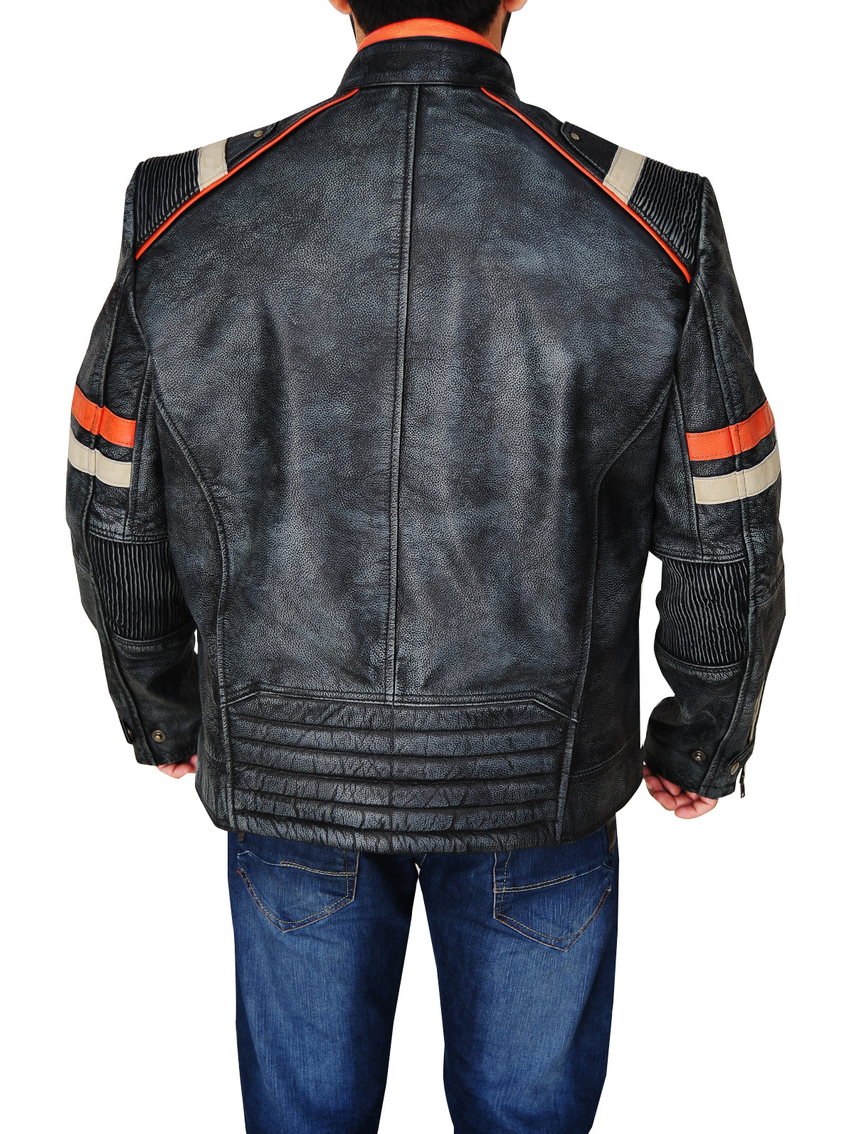 Men Distressed Black Cafe Racer Jacket - Shearling leather